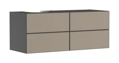 Waschtischunterschrank in schiefergrau mit vier Schubkästen. Designed für Konsolen-Aufsatzwaschtische. Marke: Hansgrohe.